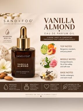 Brand new Sand + Fog Vanilla Almond Oil, 1.7 fl oz.